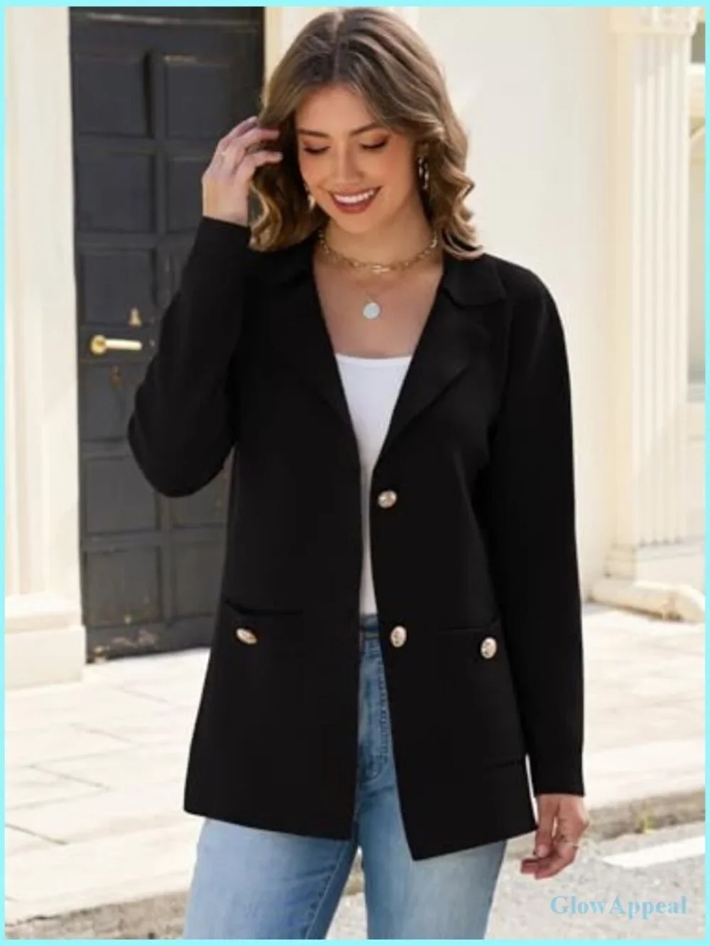 Soft Knit Blazer Long Sleeve Open Front Pockets Business Casual